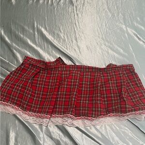 Plaid Red Skirt with Lace Trim